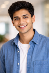 warm smile in denim shirt