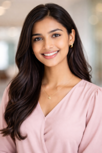 warm smile in soft pink tones